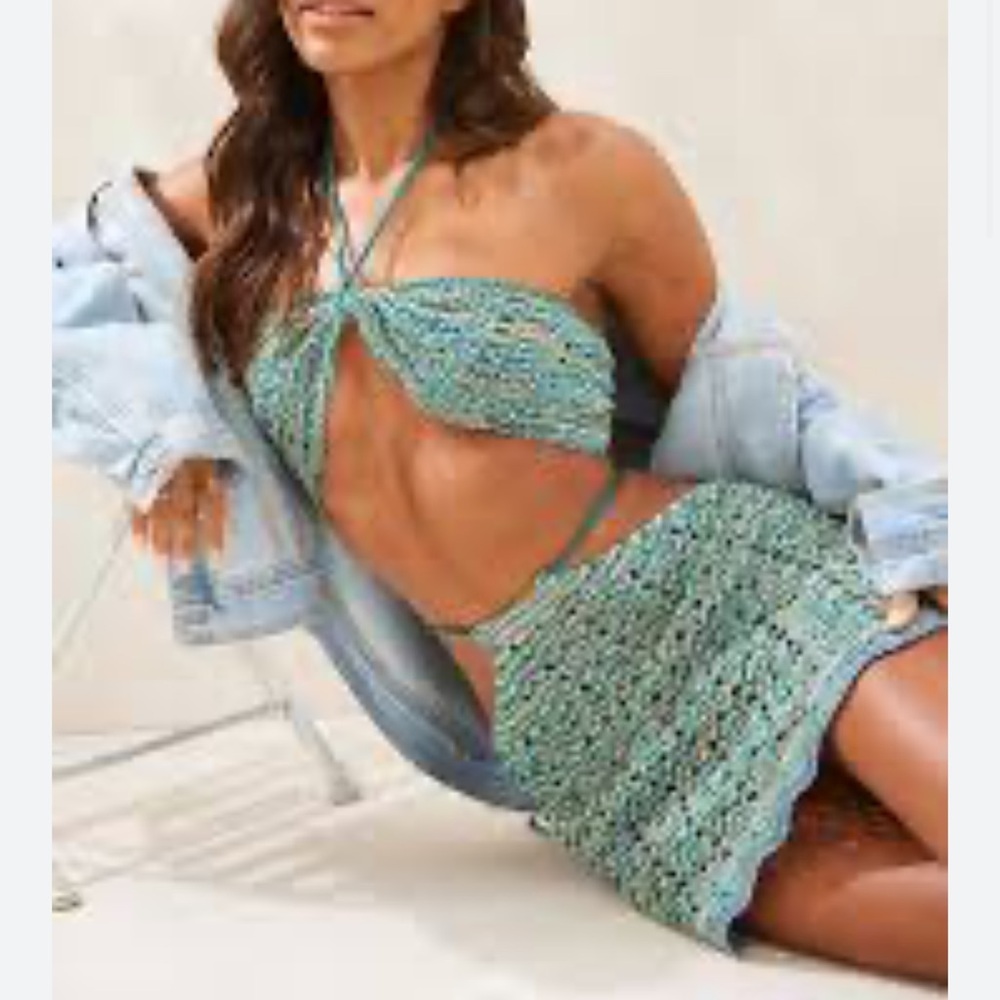 PLT Green Multi Stitch Crochet Knit skirt set